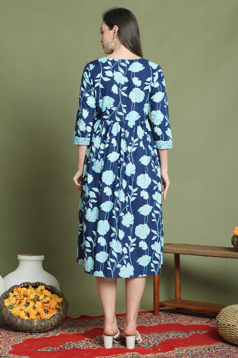 Blue Pure Cotton Jaipuri Printed Western Dress