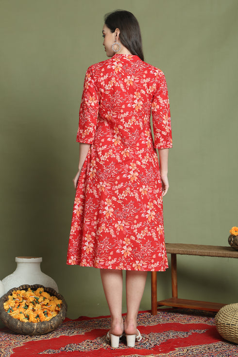 Red Pure Cotton Jaipuri Printed Western Dress