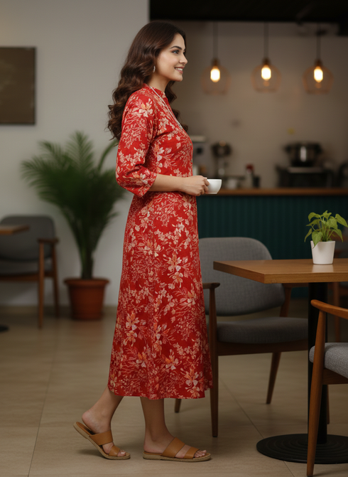 Red Pure Cotton Jaipuri Printed Western Dress