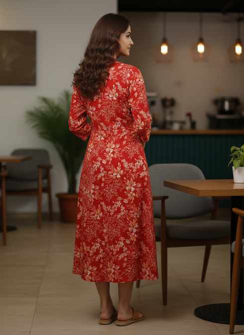 Red Pure Cotton Jaipuri Printed Western Dress