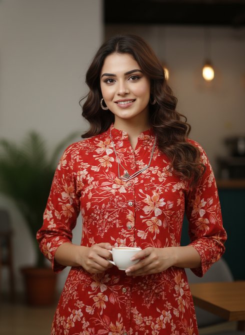 Red Pure Cotton Jaipuri Printed Western Dress