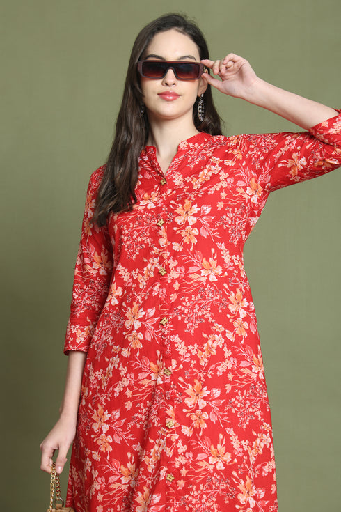 Red Pure Cotton Jaipuri Printed Western Dress