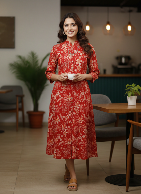 Red Pure Cotton Jaipuri Printed Western Dress