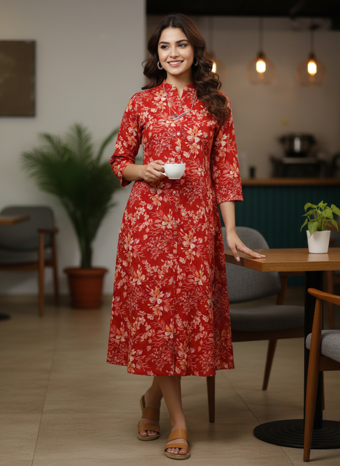 Red Pure Cotton Jaipuri Printed Western Dress