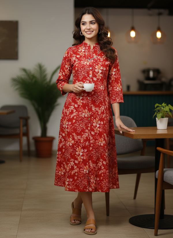 Red Pure Cotton Jaipuri Printed Western Dress