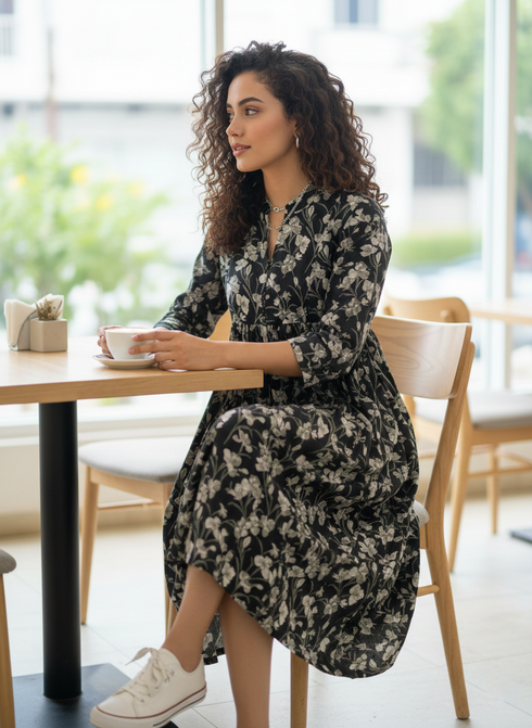 Women Black Pure Cotton Jaipuri Printed Western Dress