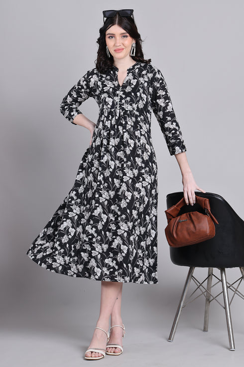 Women Black Pure Cotton Jaipuri Printed Western Dress