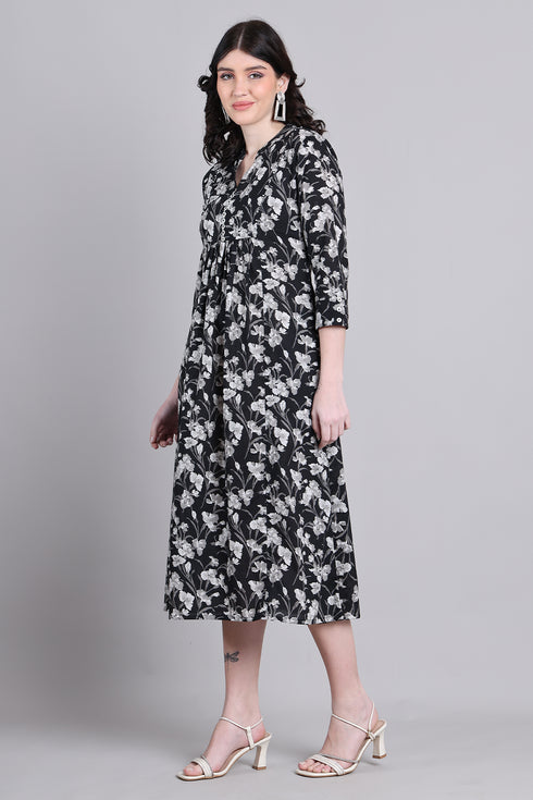 Women Black Pure Cotton Jaipuri Printed Western Dress