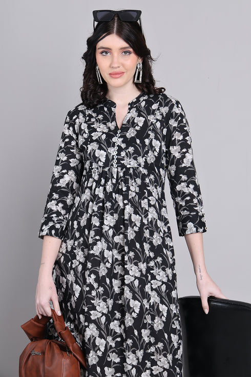 Women Black Pure Cotton Jaipuri Printed Western Dress