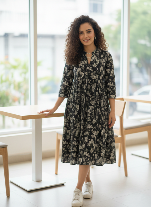 Women Black Pure Cotton Jaipuri Printed Western Dress