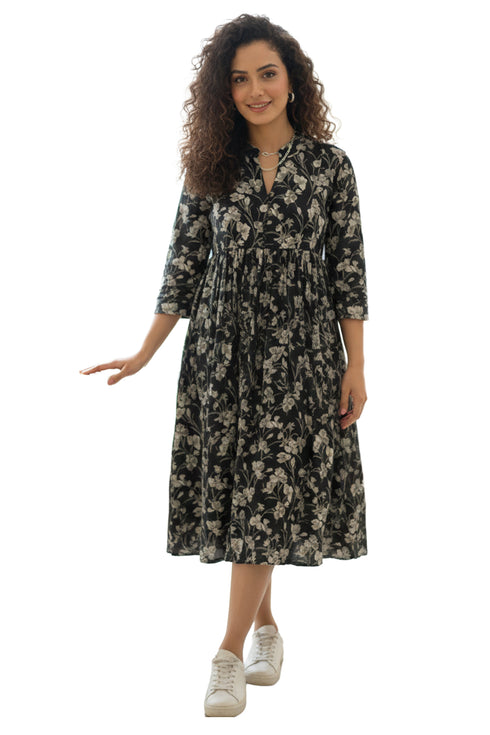 Women Black Pure Cotton Jaipuri Printed Western Dress