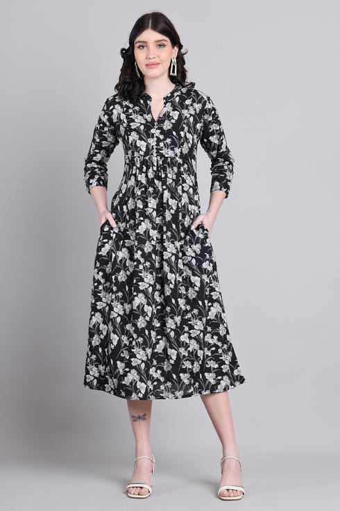Women Black Pure Cotton Jaipuri Printed Western Dress