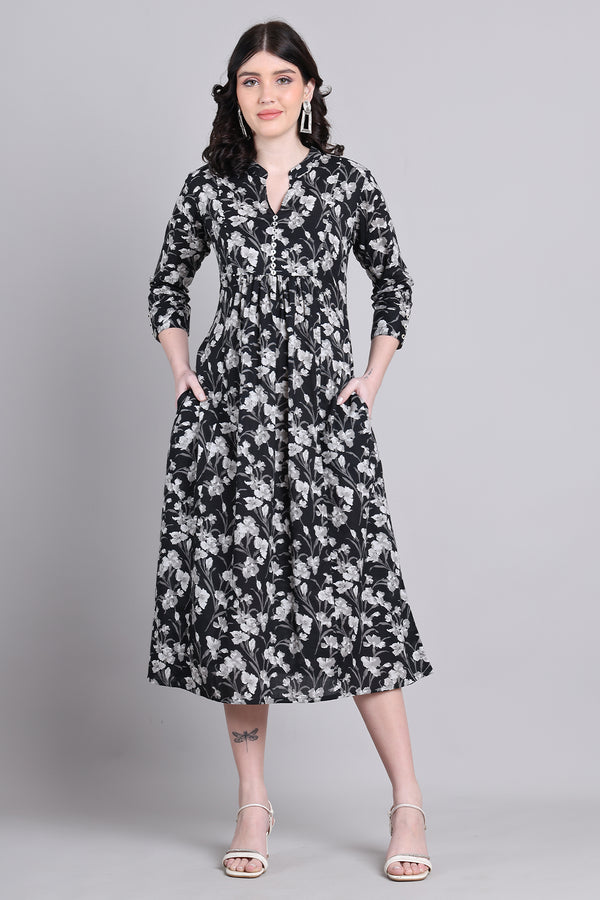 Women Black Pure Cotton Jaipuri Printed Western Dress