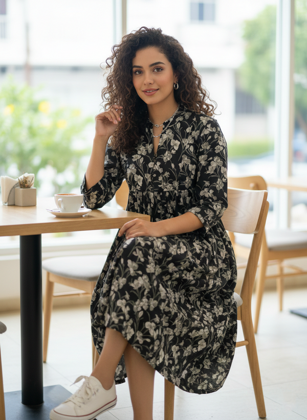 Women Black Pure Cotton Jaipuri Printed Western Dress