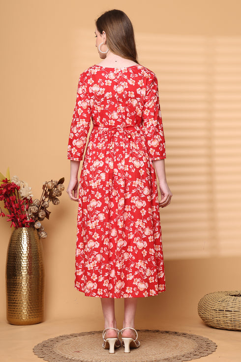 Women Red Pure Cotton Jaipuri Printed Western Dress