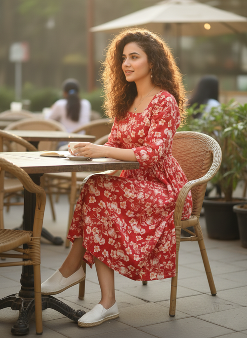 Women Red Pure Cotton Jaipuri Printed Western Dress