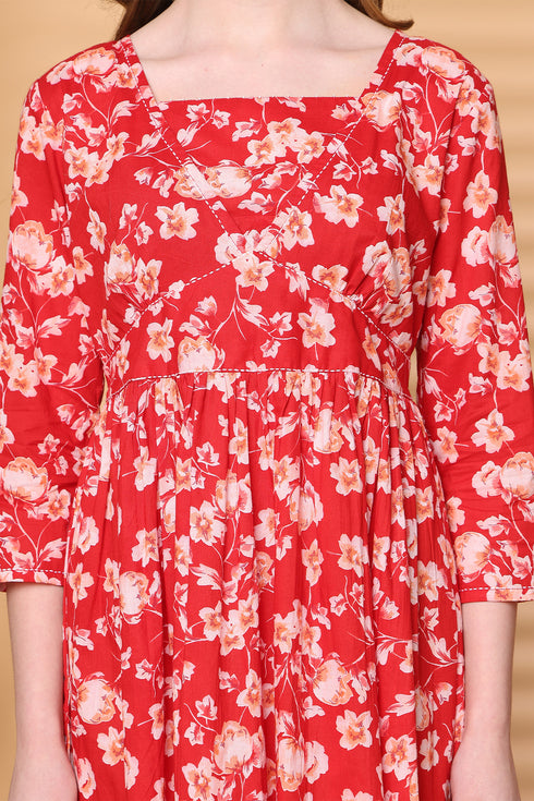 Women Red Pure Cotton Jaipuri Printed Western Dress