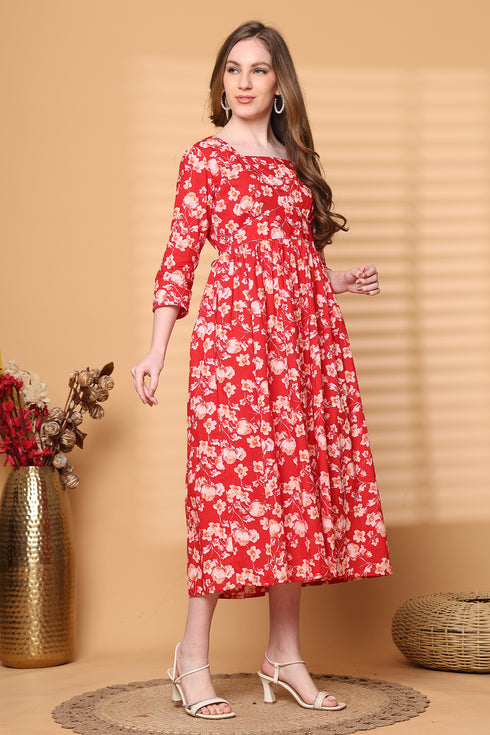 Women Red Pure Cotton Jaipuri Printed Western Dress