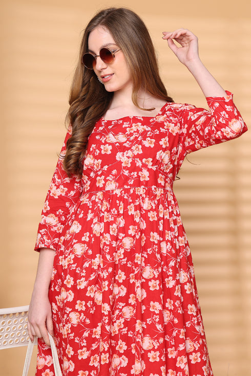 Women Red Pure Cotton Jaipuri Printed Western Dress