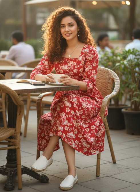 Women Red Pure Cotton Jaipuri Printed Western Dress