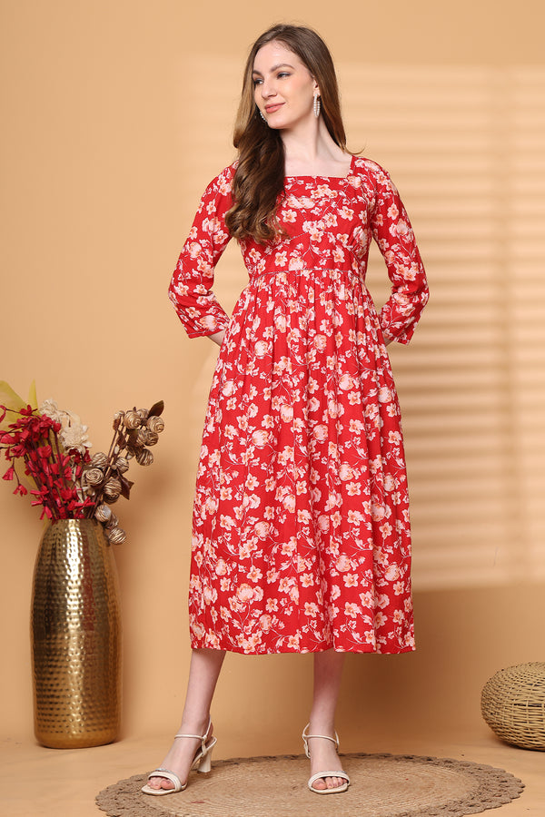 Women Red Pure Cotton Jaipuri Printed Western Dress