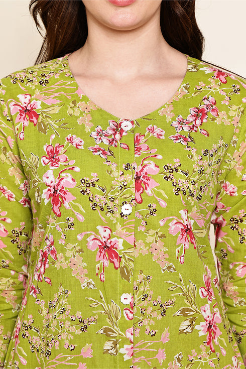 Emerald Petal Cotton Jaipuri Printed Dress