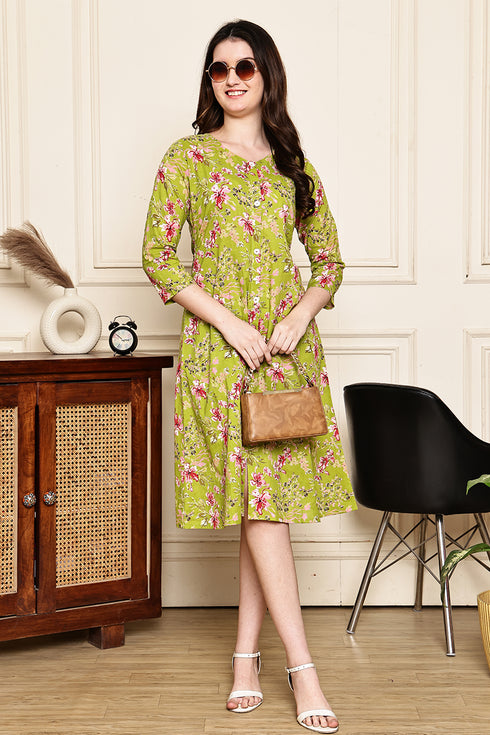 Emerald Petal Cotton Jaipuri Printed Dress