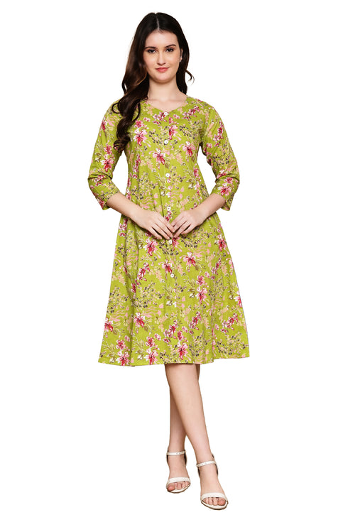 Emerald Petal Cotton Jaipuri Printed Dress