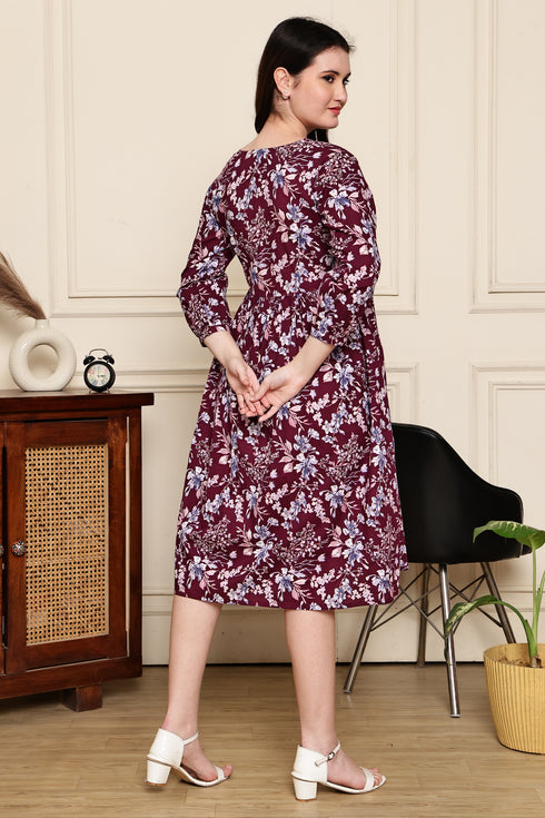 Burgundy Blossom Cotton Jaipuri Printed Dress