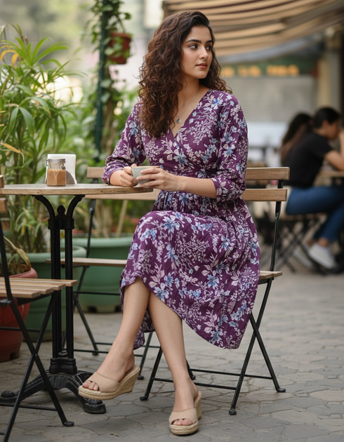 Burgundy Blossom Cotton Jaipuri Printed Dress