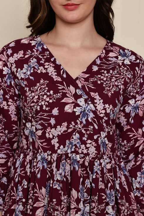 Burgundy Blossom Cotton Jaipuri Printed Dress