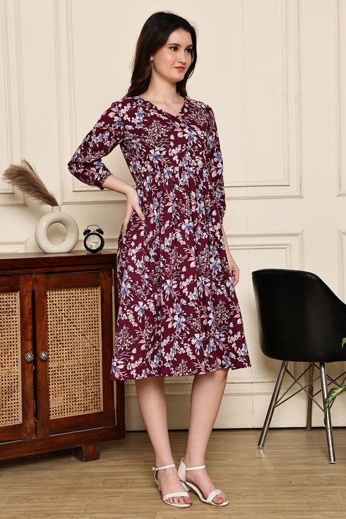 Burgundy Blossom Cotton Jaipuri Printed Dress