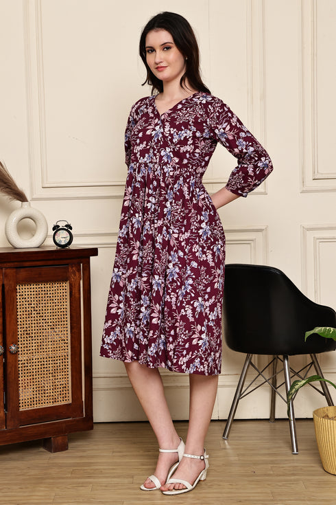 Burgundy Blossom Cotton Jaipuri Printed Dress
