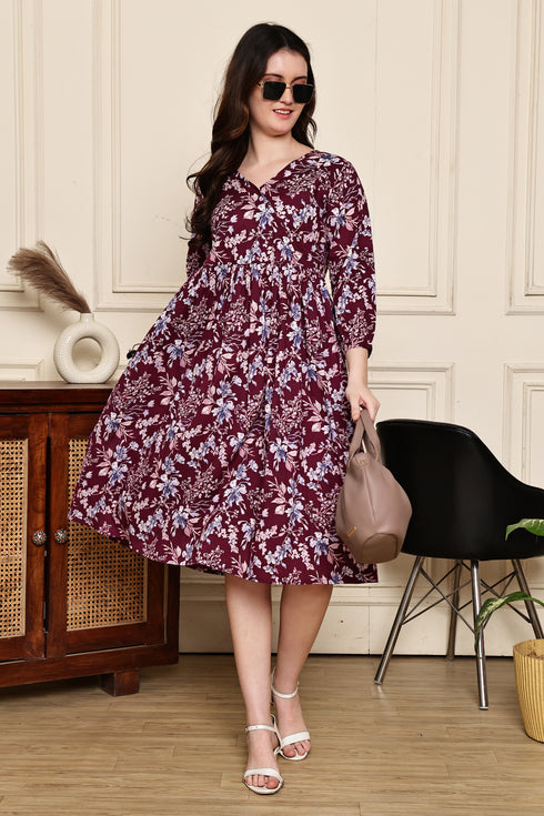 Burgundy Blossom Cotton Jaipuri Printed Dress