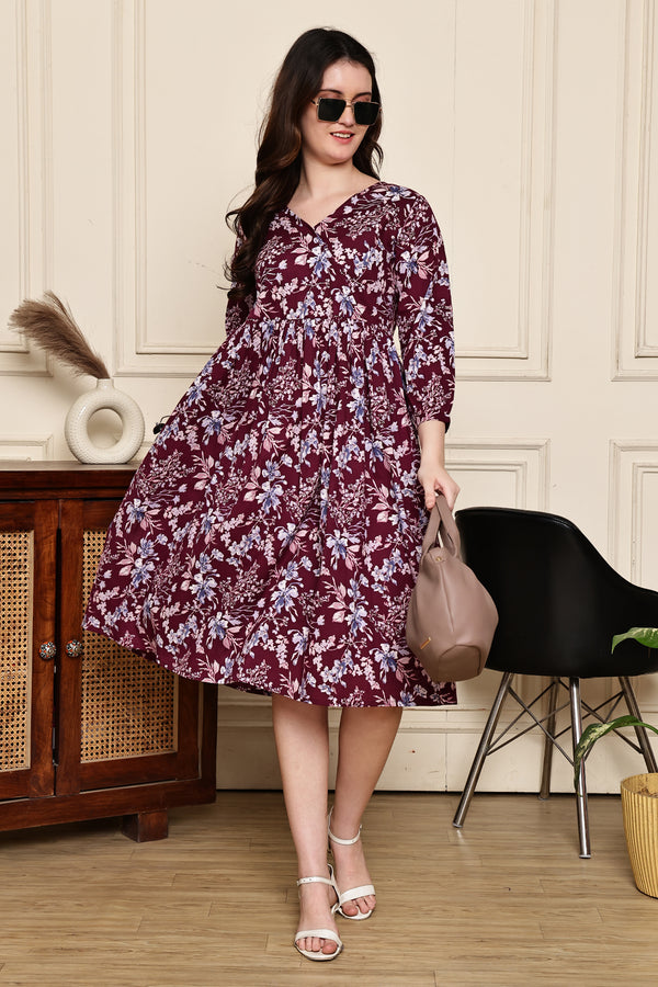 Burgundy Blossom Cotton Jaipuri Printed Dress