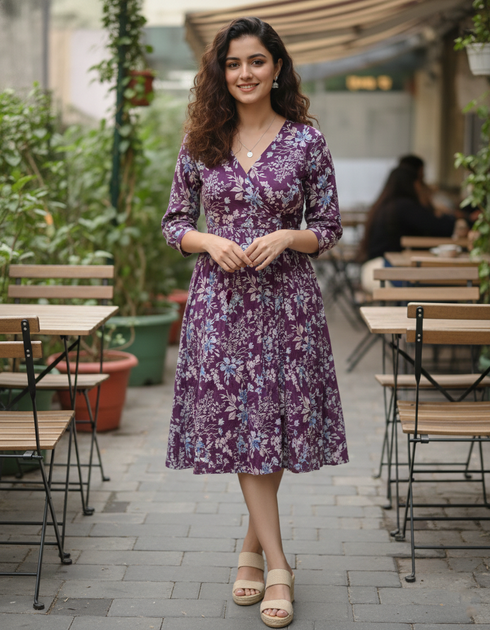 Burgundy Blossom Cotton Jaipuri Printed Dress