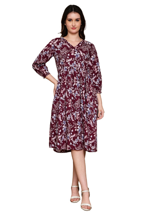 Burgundy Blossom Cotton Jaipuri Printed Dress