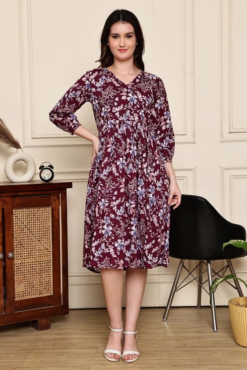 Burgundy Blossom Cotton Jaipuri Printed Dress
