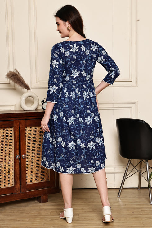 Blooming Blue Cotton Jaipuri Printed Dress