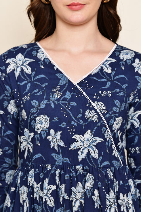 Blooming Blue Cotton Jaipuri Printed Dress