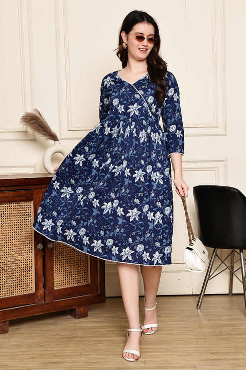 Blooming Blue Cotton Jaipuri Printed Dress