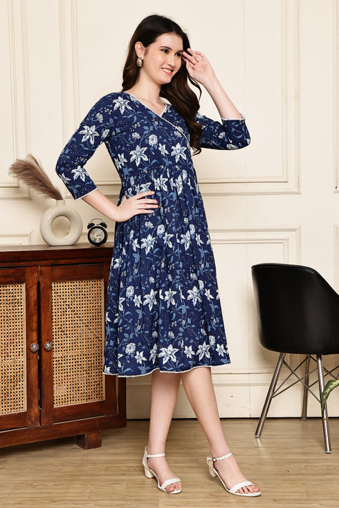 Blooming Blue Cotton Jaipuri Printed Dress