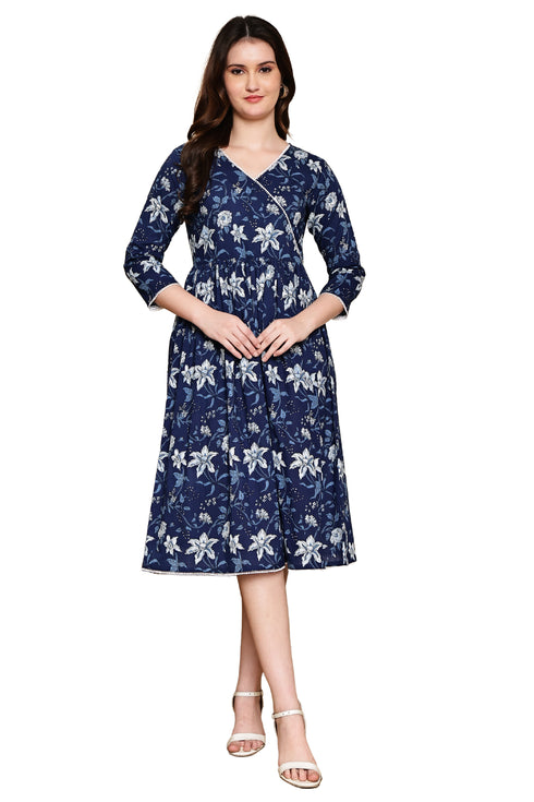 Blooming Blue Cotton Jaipuri Printed Dress
