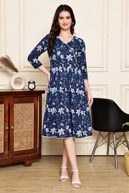 Blooming Blue Cotton Jaipuri Printed Dress