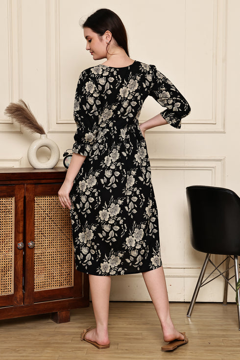 Midnight Blossom Cotton Jaipuri Printed Dress