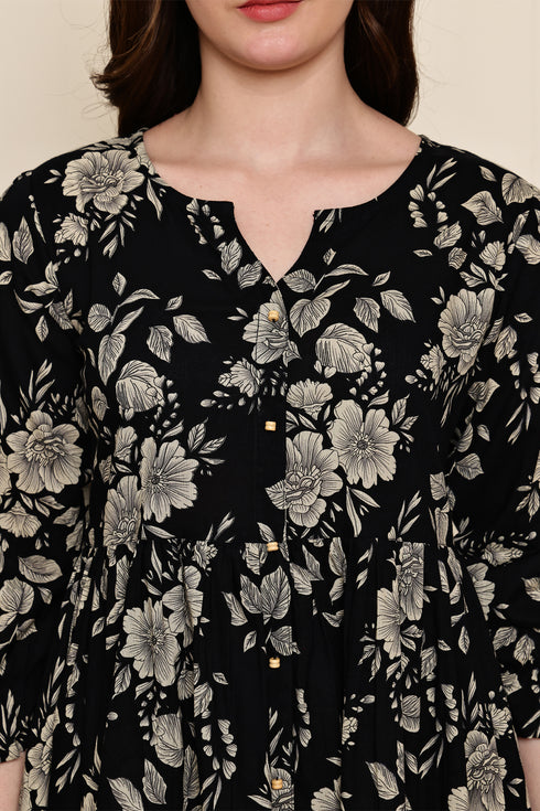 Midnight Blossom Cotton Jaipuri Printed Dress