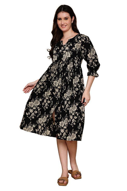 Midnight Blossom Cotton Jaipuri Printed Dress