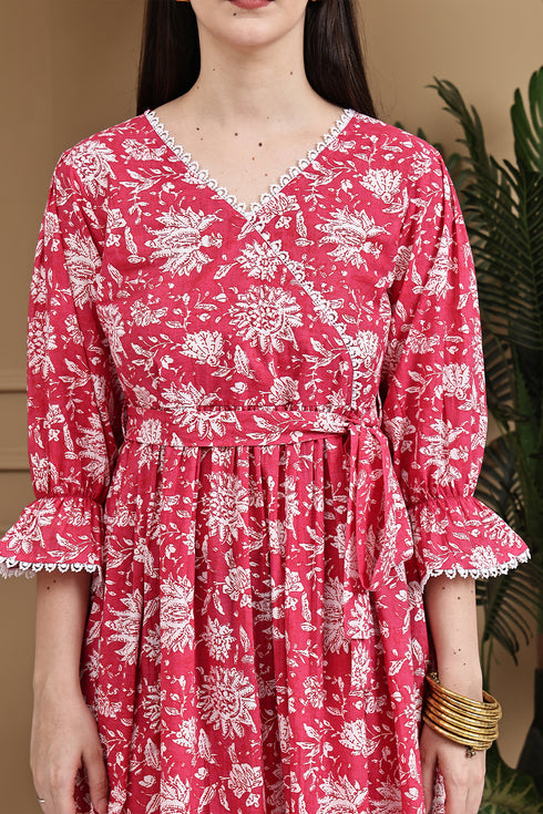 Red Rose Reverie Pure Cotton Jaipuri Printed Western Dress