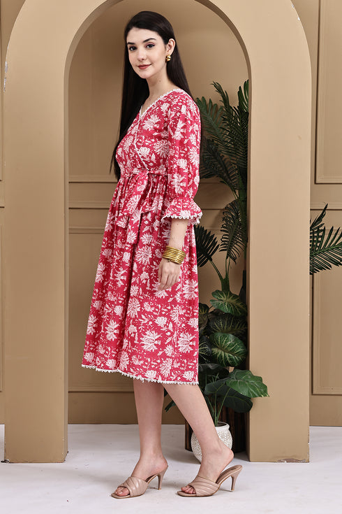 Red Rose Reverie Pure Cotton Jaipuri Printed Western Dress