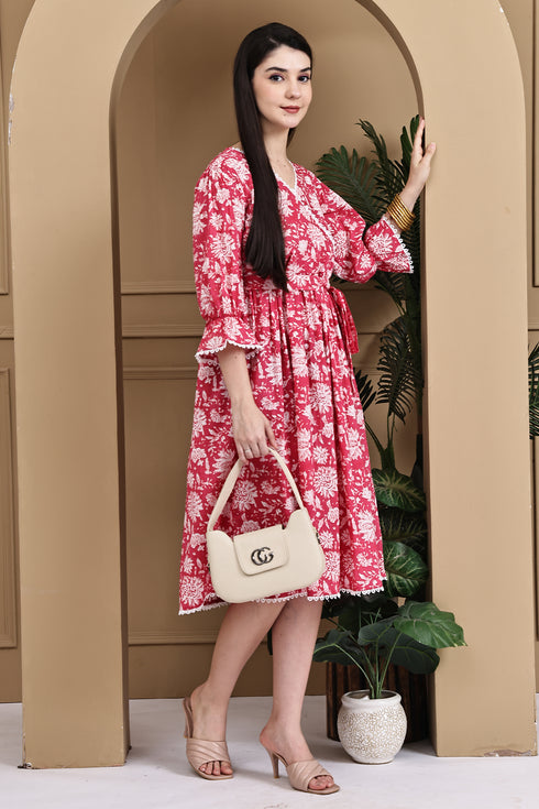 Red Rose Reverie Pure Cotton Jaipuri Printed Western Dress